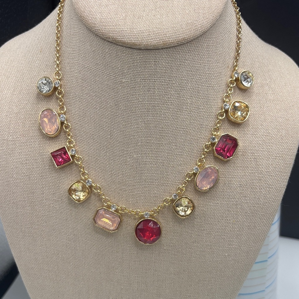 Gold-Tone Necklace with Pink, Red and Champagne Gemstones